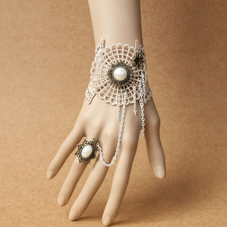 Vintage Style Floral Embroidery Pearl Metal Bracelet with Ring J18005
