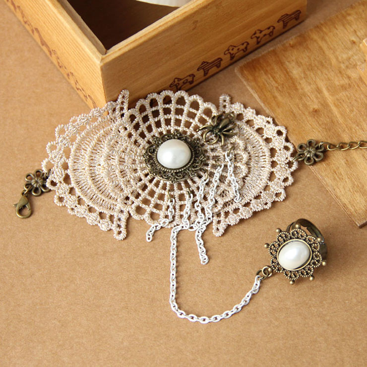 Vintage Style Floral Embroidery Pearl Metal Bracelet with Ring J18005