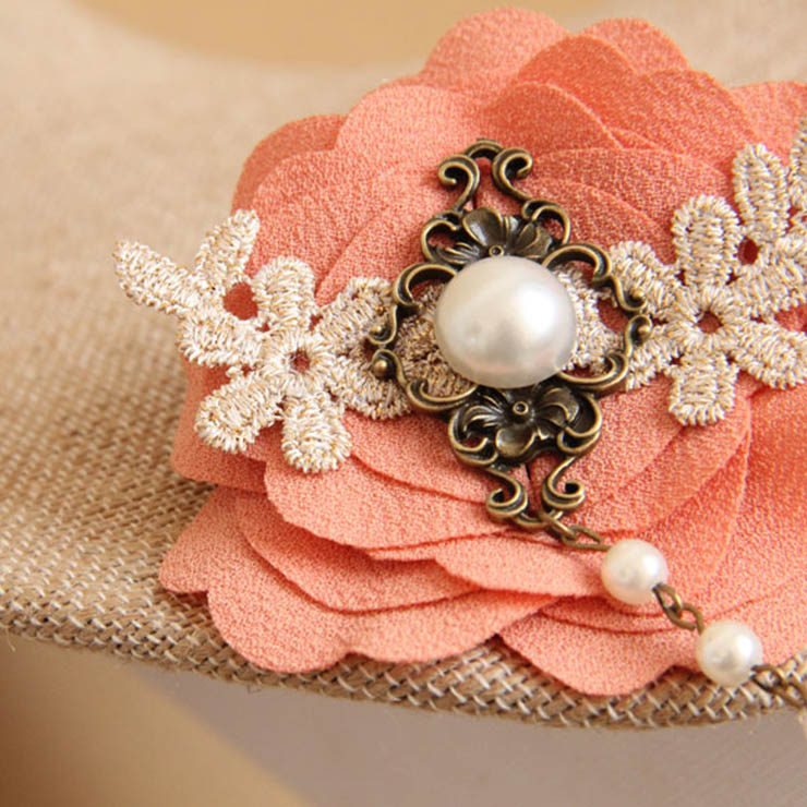 Vintage Orange Flower Embroidery Pearl Bracelet with Metal Ring J17914