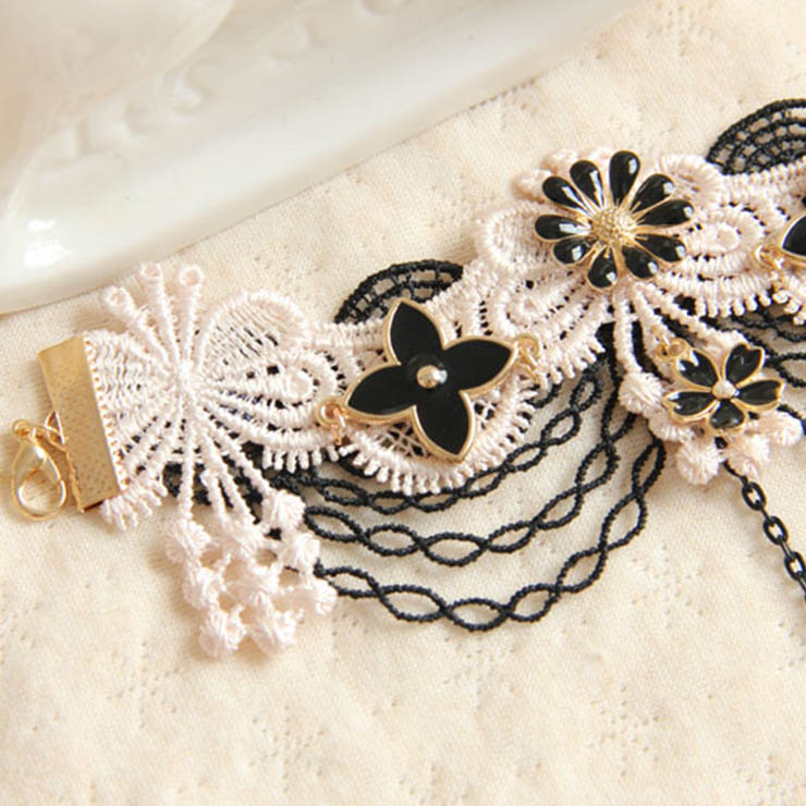 Fahsion Vintage Pink Lace Wristband Flower Metal Ring Bracelet J17841