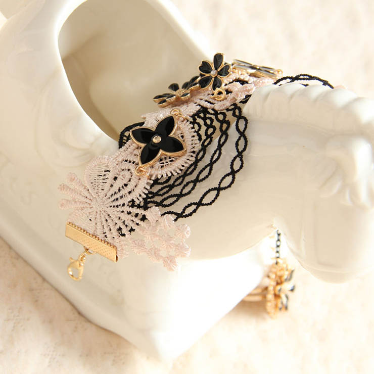 Fahsion Vintage Pink Lace Wristband Flower Metal Ring Bracelet J17841