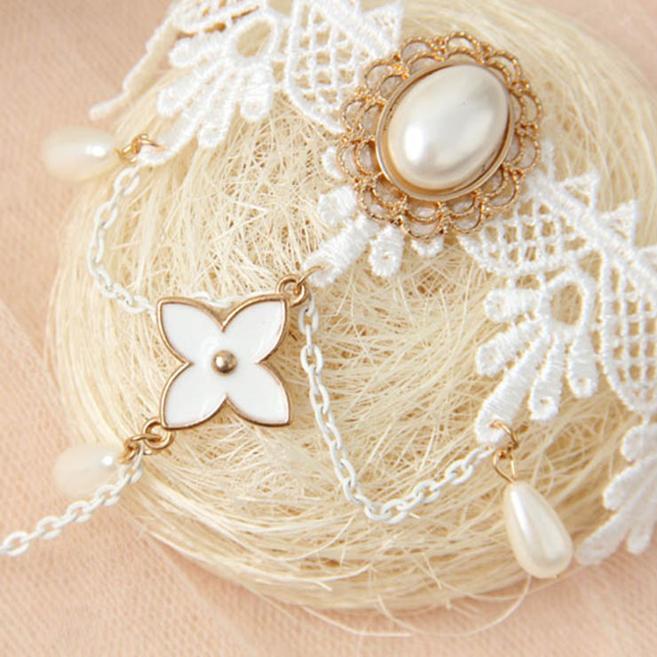 White Vintage Floral Lace Gem Wristband Metal Ring Bride Bracelet J17816
