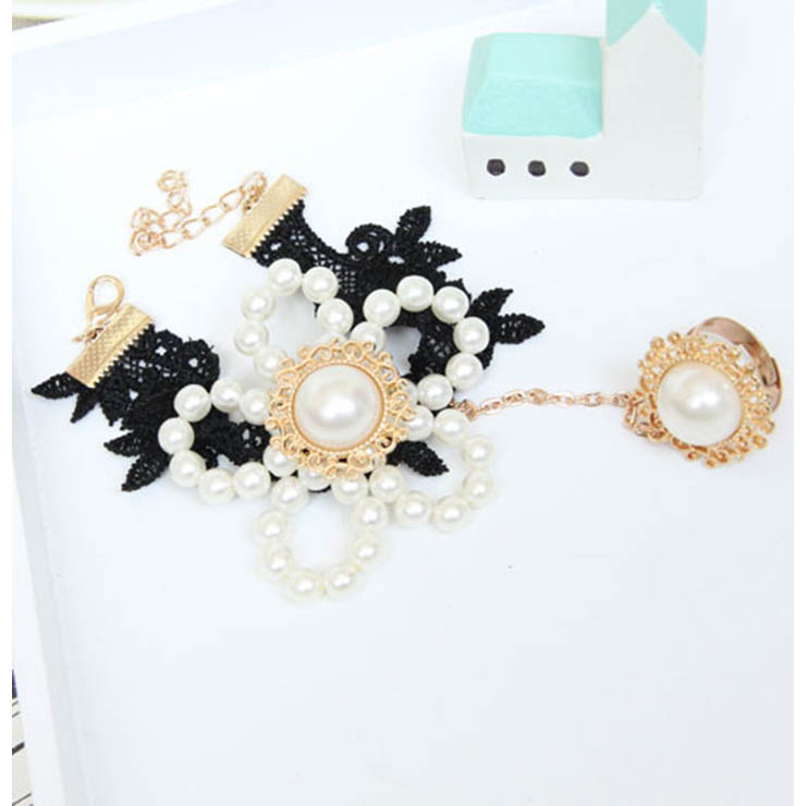 Black Vintage Lace Wristband Pearl Bracelet Metal Ring J17812