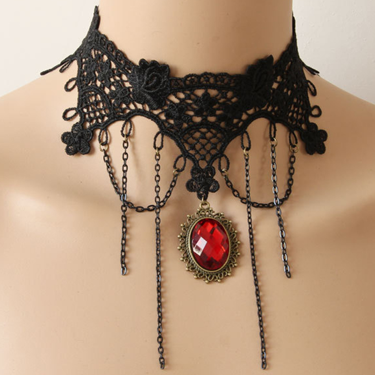 Victorian Princess Black Lace Pendant Choker Necklace J12028