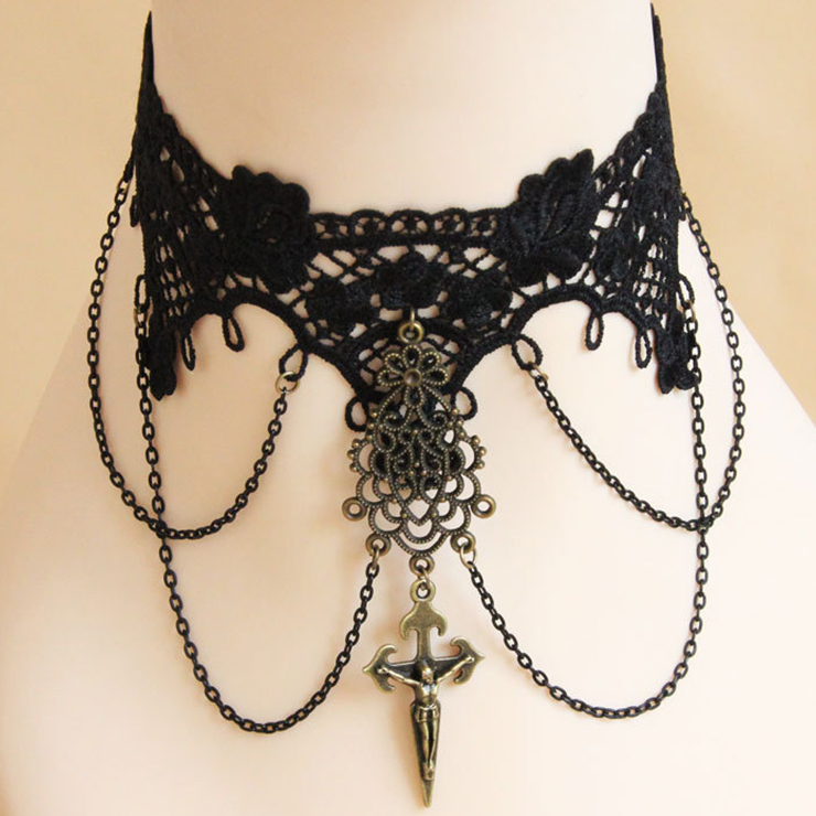 Gothic Vintage Pendant Black Lace Cross Choker Necklace J12034
