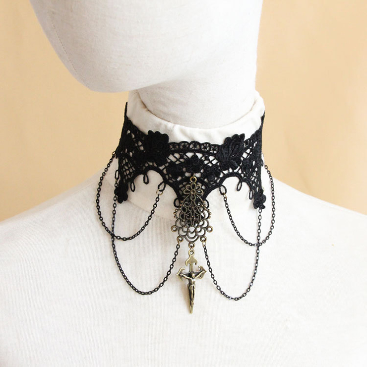 Gothic Vintage Pendant Black Lace Cross Choker Necklace J12034