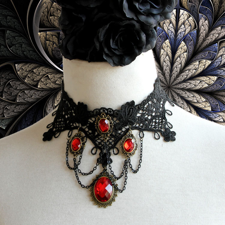 Vintage Gothic Victorian Lace Red Gem Chocker Necklace J12037