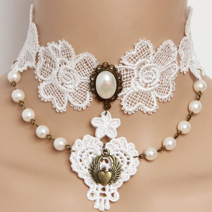 Vintage Gothic Victorian White Lace Pearl Wedding Party Necklace J12038