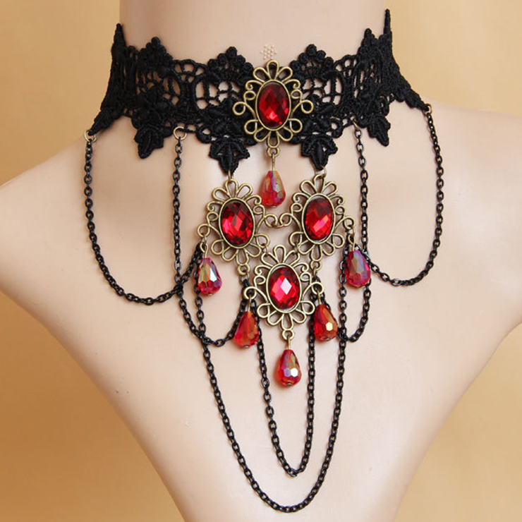 Retro Gothic Victorian Lace Gem Chocker Necklace J12061