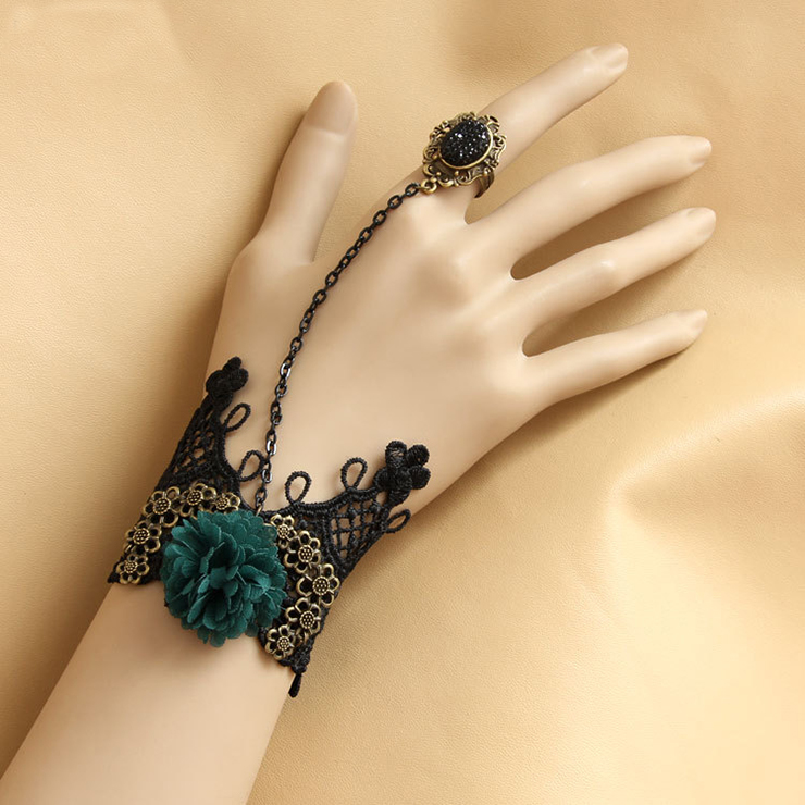 Gothic Lolita Retro Lace Wedding Wristband Green Flower Slave Bracelet Ring J12066
