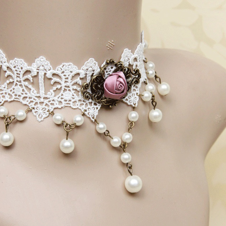 Victorian White Lace Tassel Pearl Wedding Party Princess Choker Necklace J12108