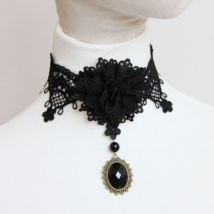 Gothic Vintage Punk Vampire Gem Lace Choker Necklace J12109