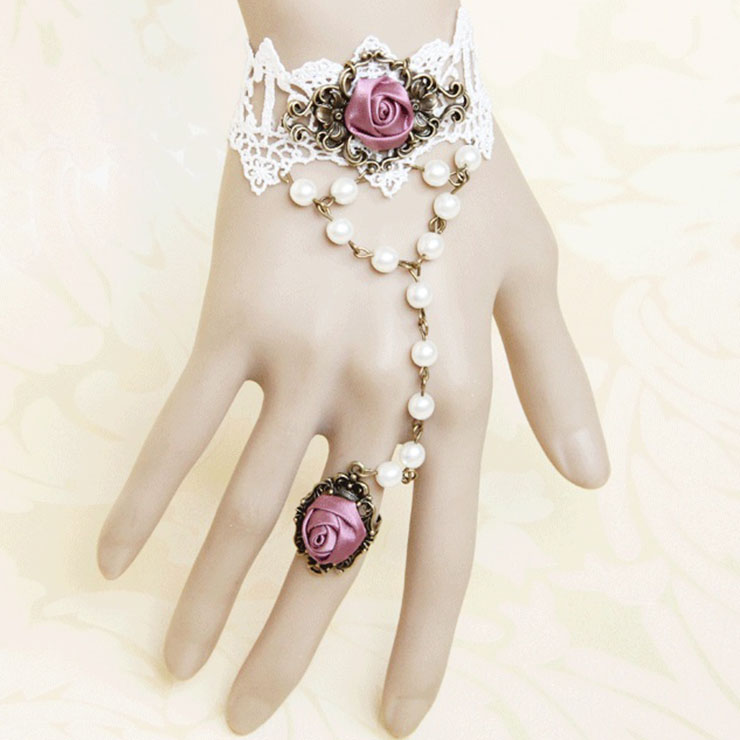 Gothic Lolita Court Retro White Lace Wedding Slave Bracelet with Ring J12111