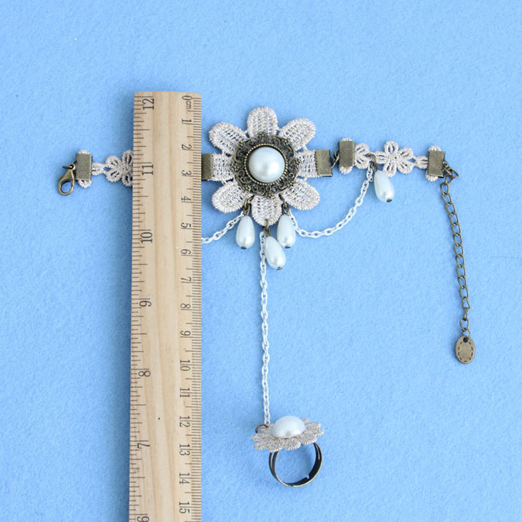 Vintage Style Beige Floral Embroidery Pearl Bracelet with Ring J17999
