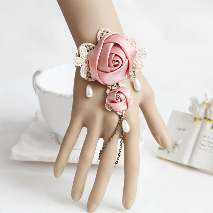 Vintage Style Pink Rose Embroidery Bracelet J17919