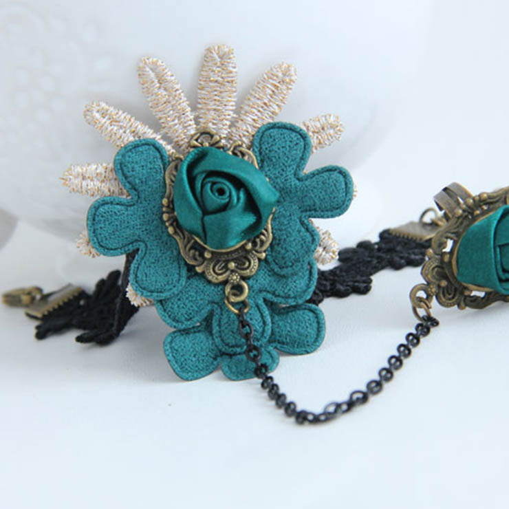 Vintage Style Blue Flower Embroidery Rose Bracelet with Ring J17920