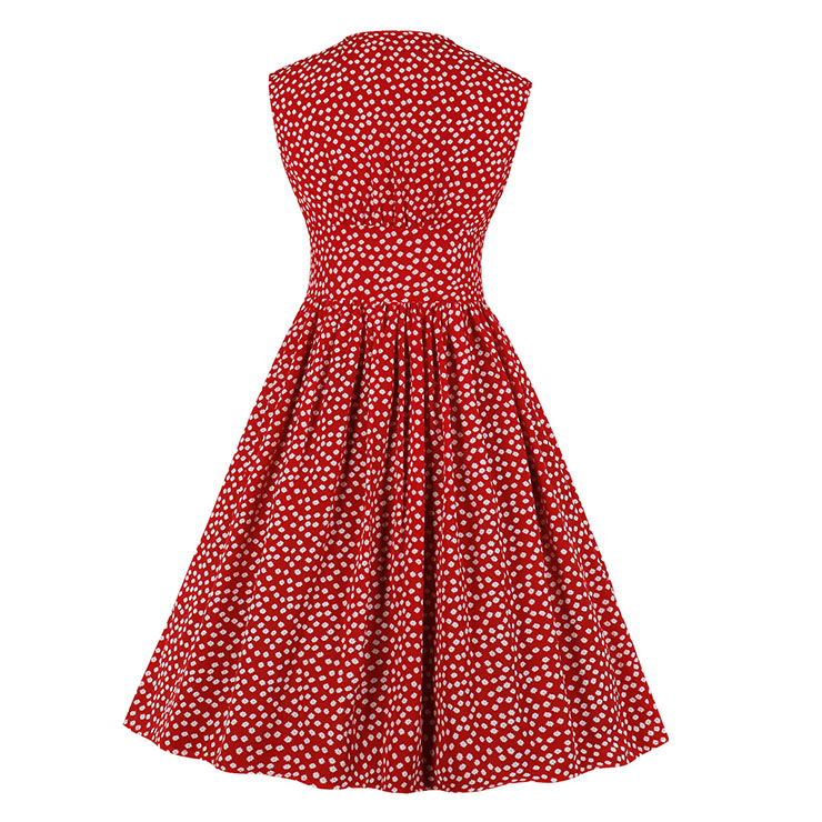 Vintage V Neck Sleeveless Front Button Small White Flowers High Waist Summer Midi Dress N20439