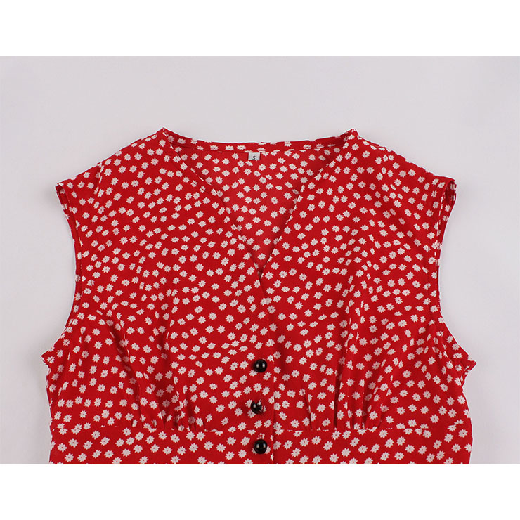 Vintage V Neck Sleeveless Front Button Small White Flowers High Waist Summer Midi Dress N20439