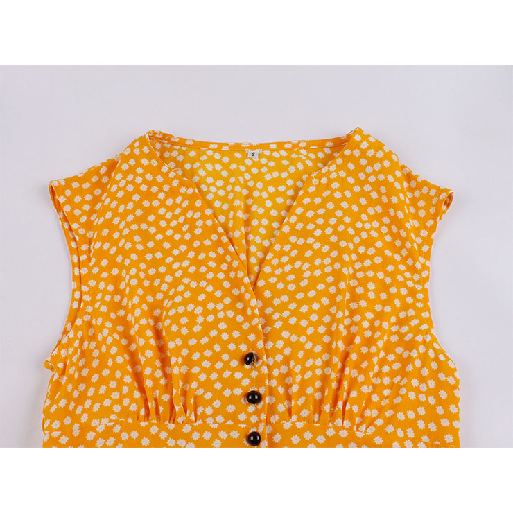 Vintage V Neck Sleeveless Front Button Small White Flowers High Waist Summer Midi Dress N20440