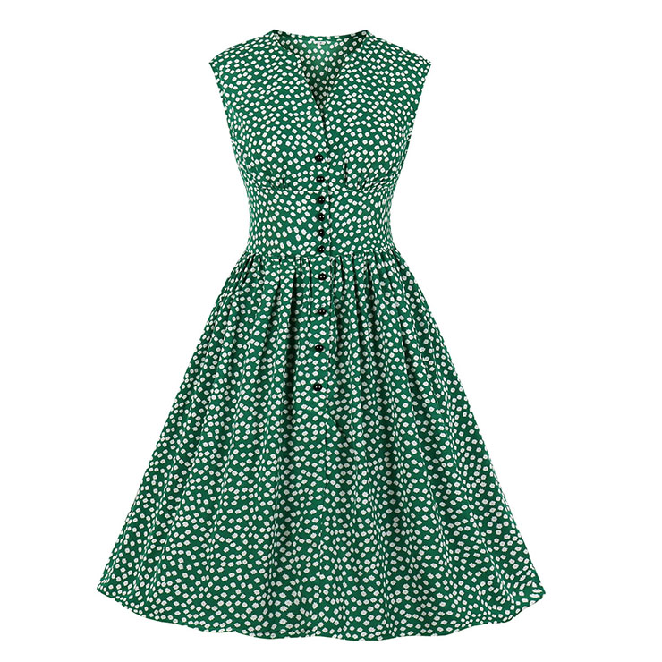Vintage V Neck Sleeveless Front Button Small White Flowers High Waist Summer Midi Dress N20441