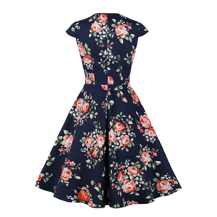 Vintage Floral Print Surplice Neckline Cap Sleeve High Waist Cocktail Party Swing Dress N22112