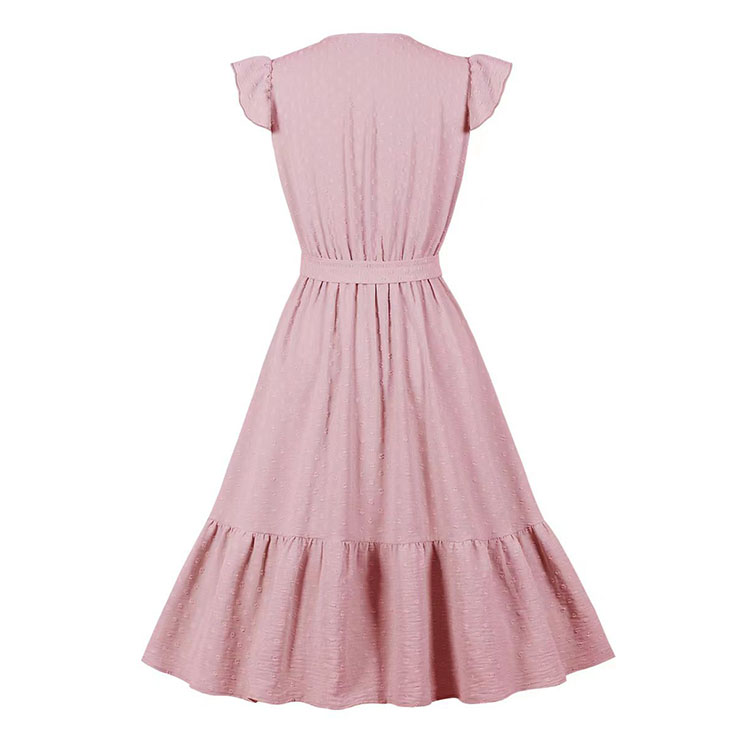 Fashion Surplice Neckline Flutter Sleeve Sash High Waist Ruffle Hem Daily Swing Dress N22057