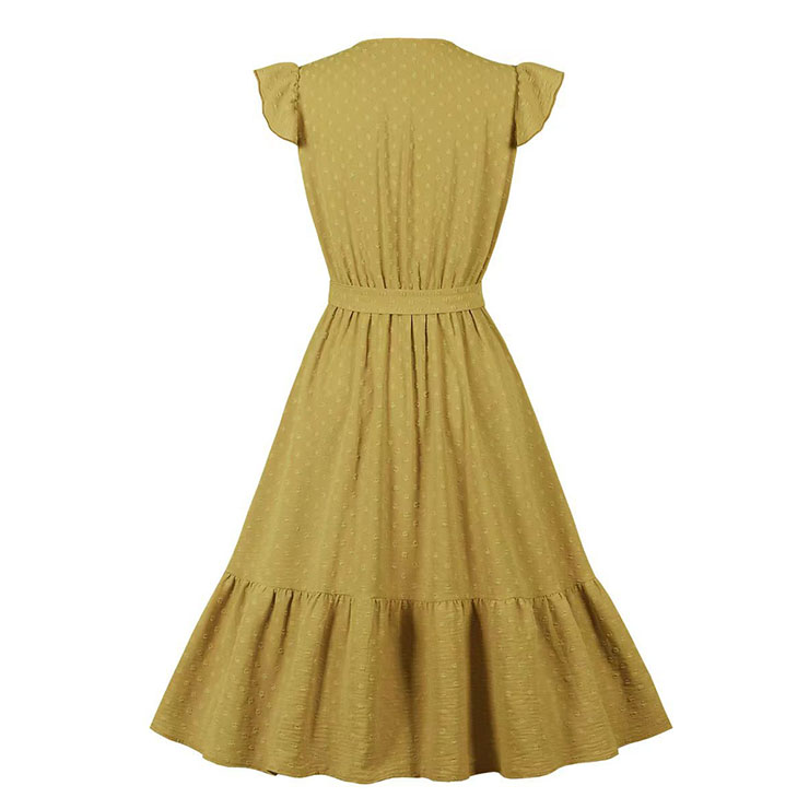 Fashion Surplice Neckline Flutter Sleeve Sash High Waist Ruffle Hem Daily Swing Dress N22059