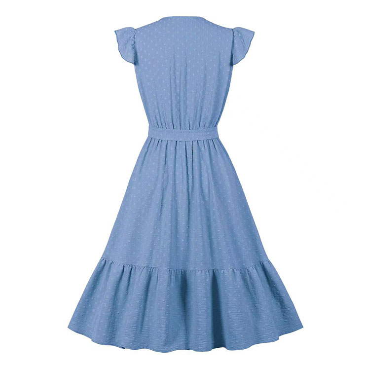 Fashion Surplice Neckline Flutter Sleeve Sash High Waist Ruffle Hem Daily Swing Dress N22060