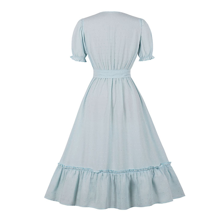 Vintage Solid Color Surplice Neckline Puff Sleeve Sash High Waist Ruffle Hem Swing Dress N21858