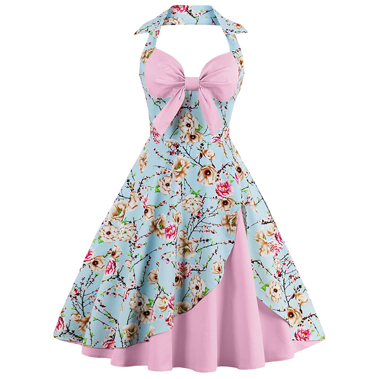Vintage Sweetheart Floral Print Halter Cocktail Party Dress N12793