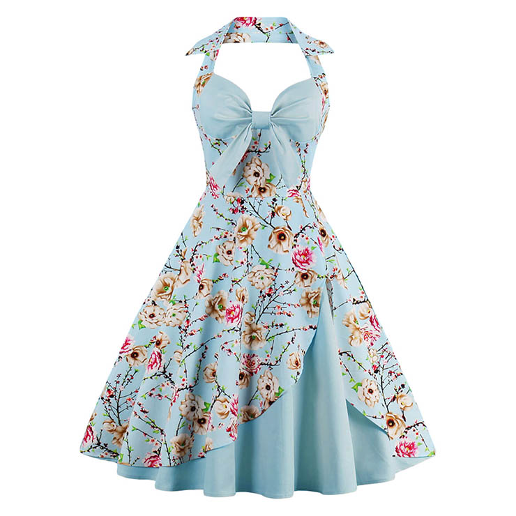 1950's Vintage Sky Blue Sweetheart Floral Print Halter Cocktail Swing Dress N12797