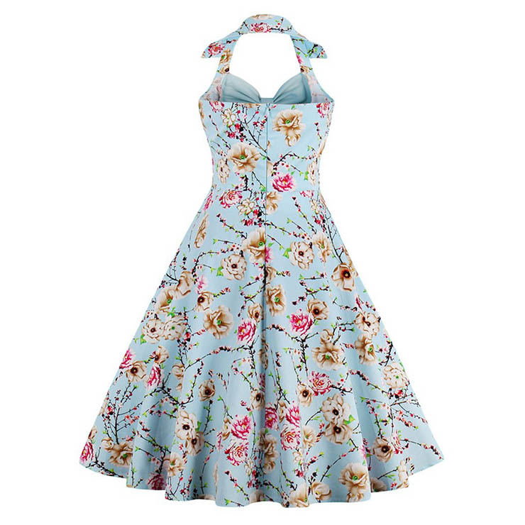 1950's Vintage Sky Blue Sweetheart Floral Print Halter Cocktail Swing Dress N12797