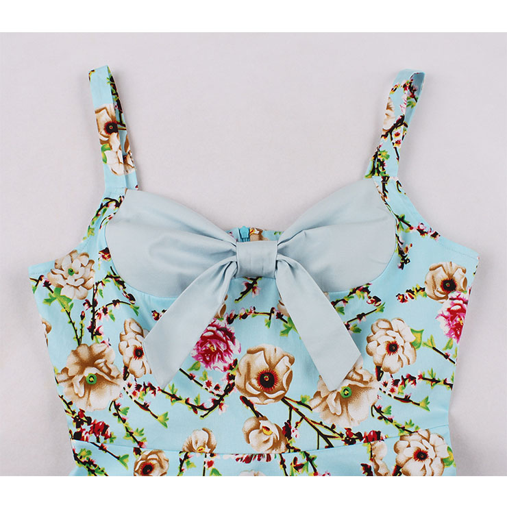 1950s Vintage Sweetheart and Bowknot Bodice Floral Print Straps Cocktail Swing Dress N22050