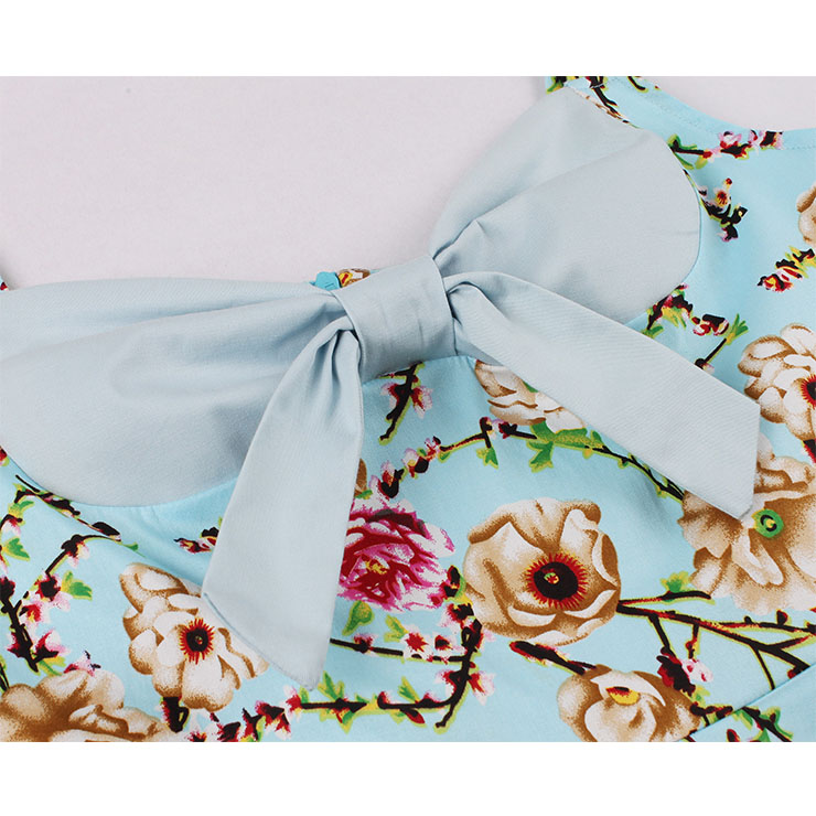 1950s Vintage Sweetheart and Bowknot Bodice Floral Print Straps Cocktail Swing Dress N22050