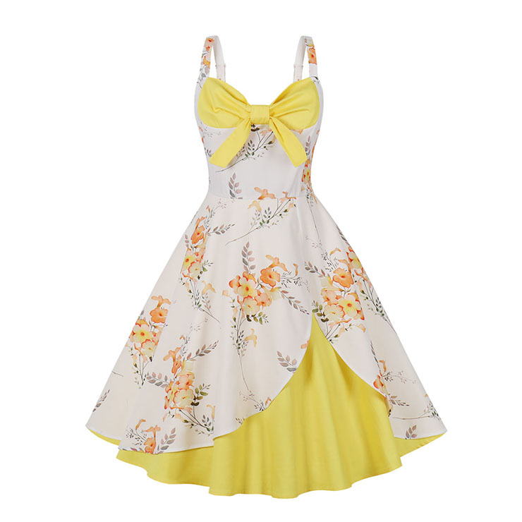 1950s Vintage Sweetheart and Bowknot Bodice Floral Print Straps Cocktail Swing Dress N22242