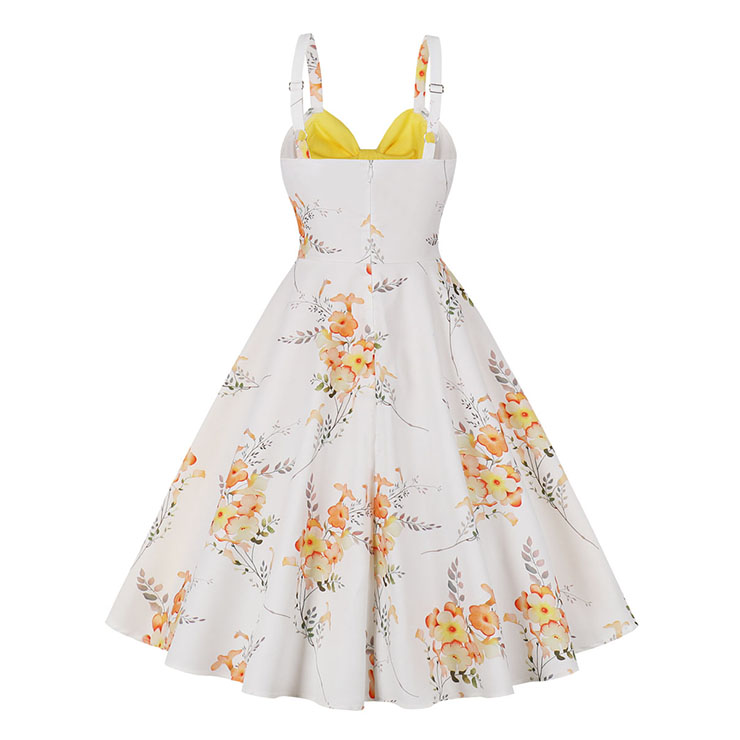 1950s Vintage Sweetheart and Bowknot Bodice Floral Print Straps Cocktail Swing Dress N22242