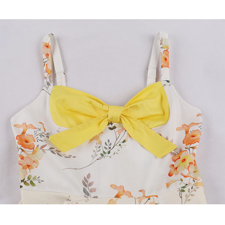 1950s Vintage Sweetheart and Bowknot Bodice Floral Print Straps Cocktail Swing Dress N22242