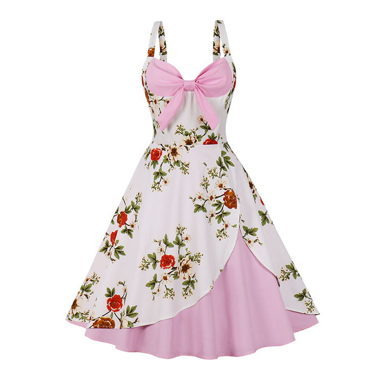 1950s Vintage Sweetheart and Bowknot Bodice Floral Print Straps Cocktail Swing Dress N22051