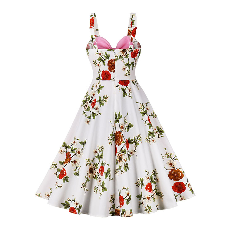 1950s Vintage Sweetheart and Bowknot Bodice Floral Print Straps Cocktail Swing Dress N22051