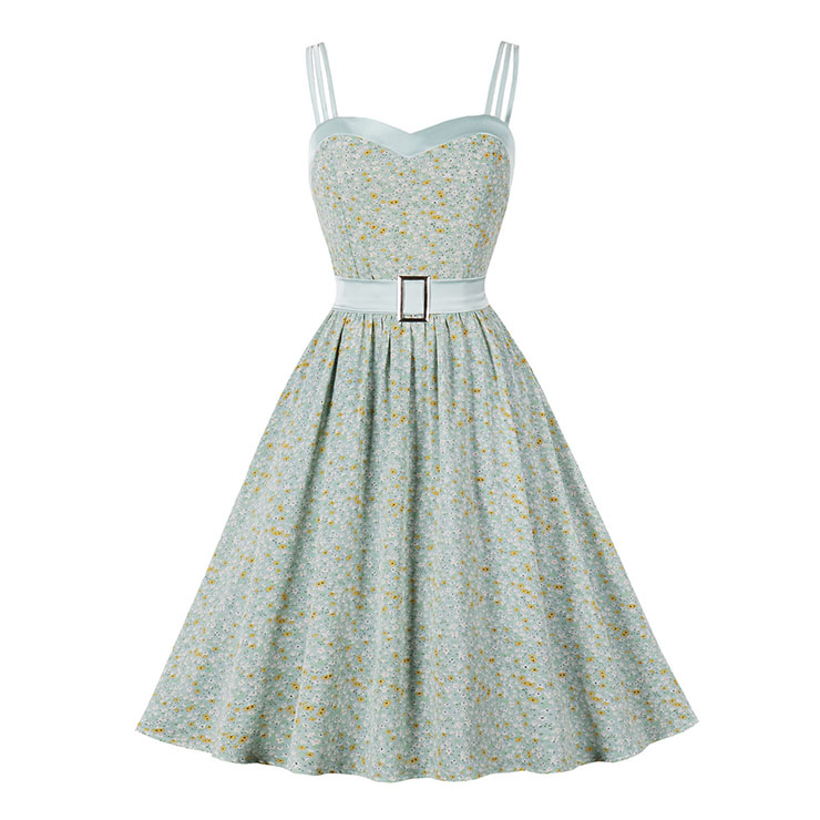 Retro Spaghetti Straps Sweetheart Elastic Bodice Floral Print Summer Swing Dress with Belt N22095
