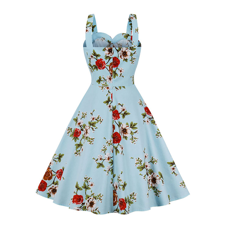 1950s Retro Straps Sweetheart Bowknot Bodice Floral Print High WAIST Summer A-line Dress N22096