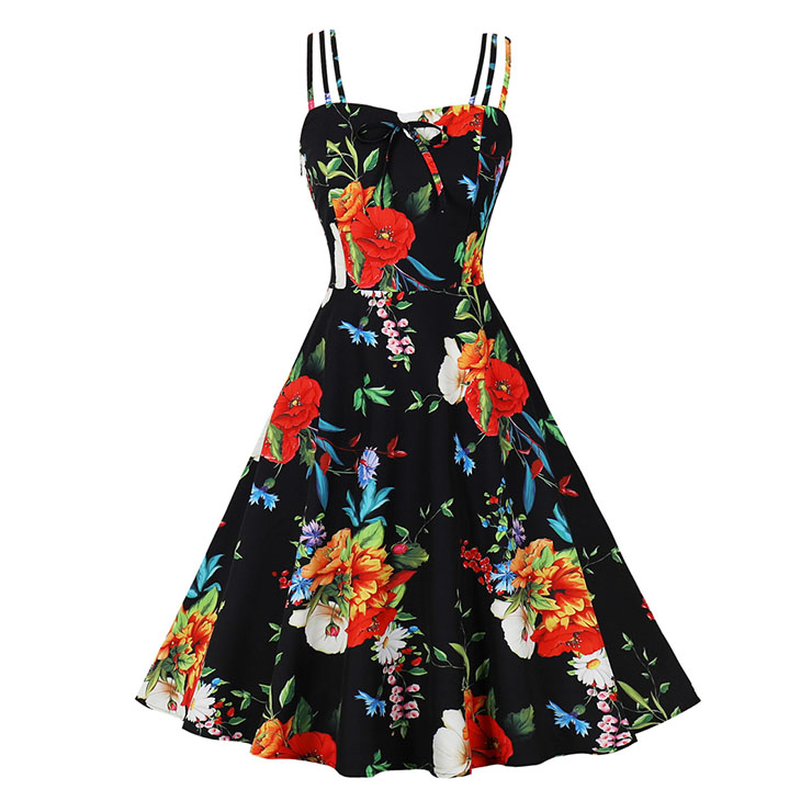 Vintage Floral Print Sweetheart Bodice Strappy High Waist Summer Tea Party Swing Dress N22202