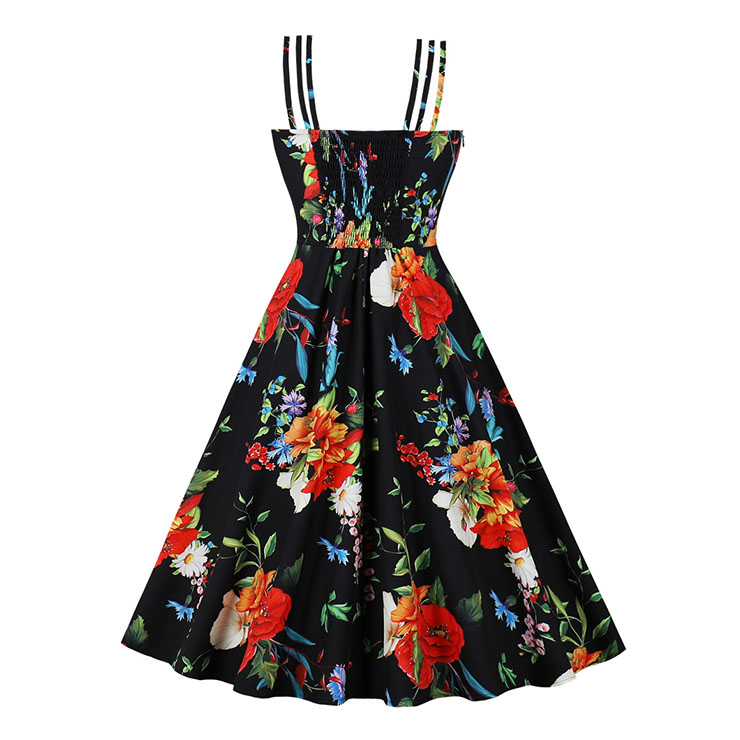 Vintage Floral Print Sweetheart Bodice Strappy High Waist Summer Tea Party Swing Dress N22202
