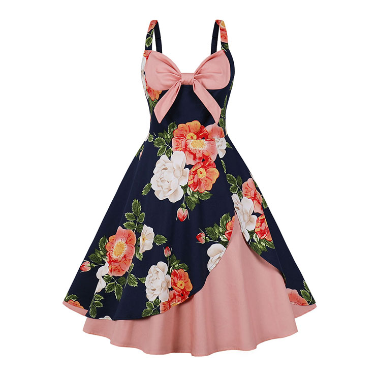 1950s Vintage Sweetheart and Bowknot Bodice Floral Print Straps Cocktail Swing Dress N22243