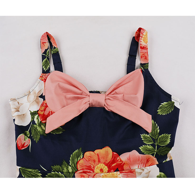 1950s Vintage Sweetheart and Bowknot Bodice Floral Print Straps Cocktail Swing Dress N22243