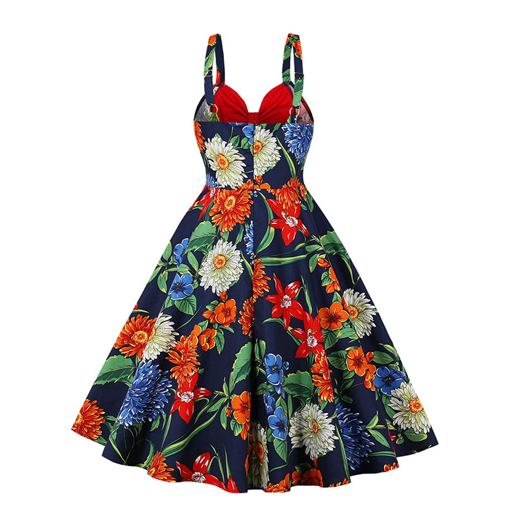 1950s Retro Sweetheart and Bowknot Bodice Floral Print Straps Cocktail Party Swing Dress N22244