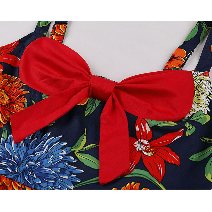 1950s Retro Sweetheart and Bowknot Bodice Floral Print Straps Cocktail Party Swing Dress N22244