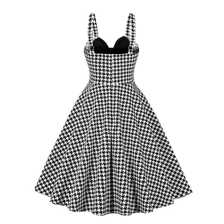 1950s Vintage Houndstooth Sweetheart and Bowknot Bodice Straps Summer Party Swing Dress N22250