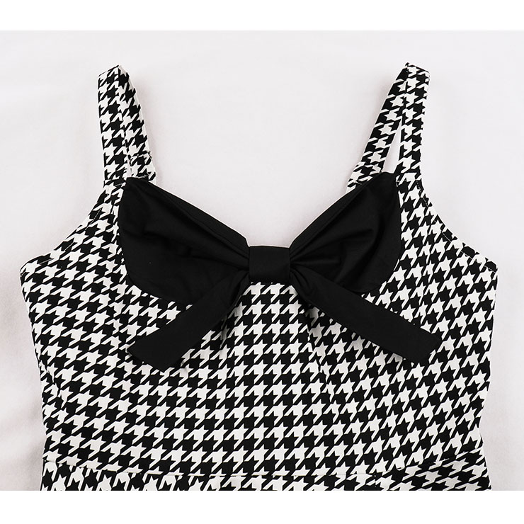 1950s Vintage Houndstooth Sweetheart and Bowknot Bodice Straps Summer Party Swing Dress N22250
