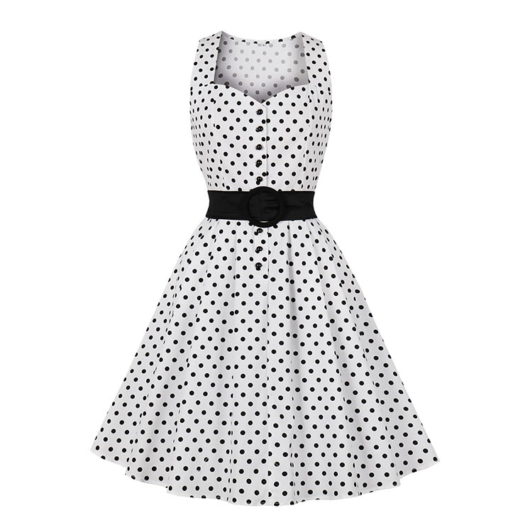 Vintage Sweetheart Neckline Button Bodice Polka Dots Sleeveless Belted Cocktail Midi Dress N21842